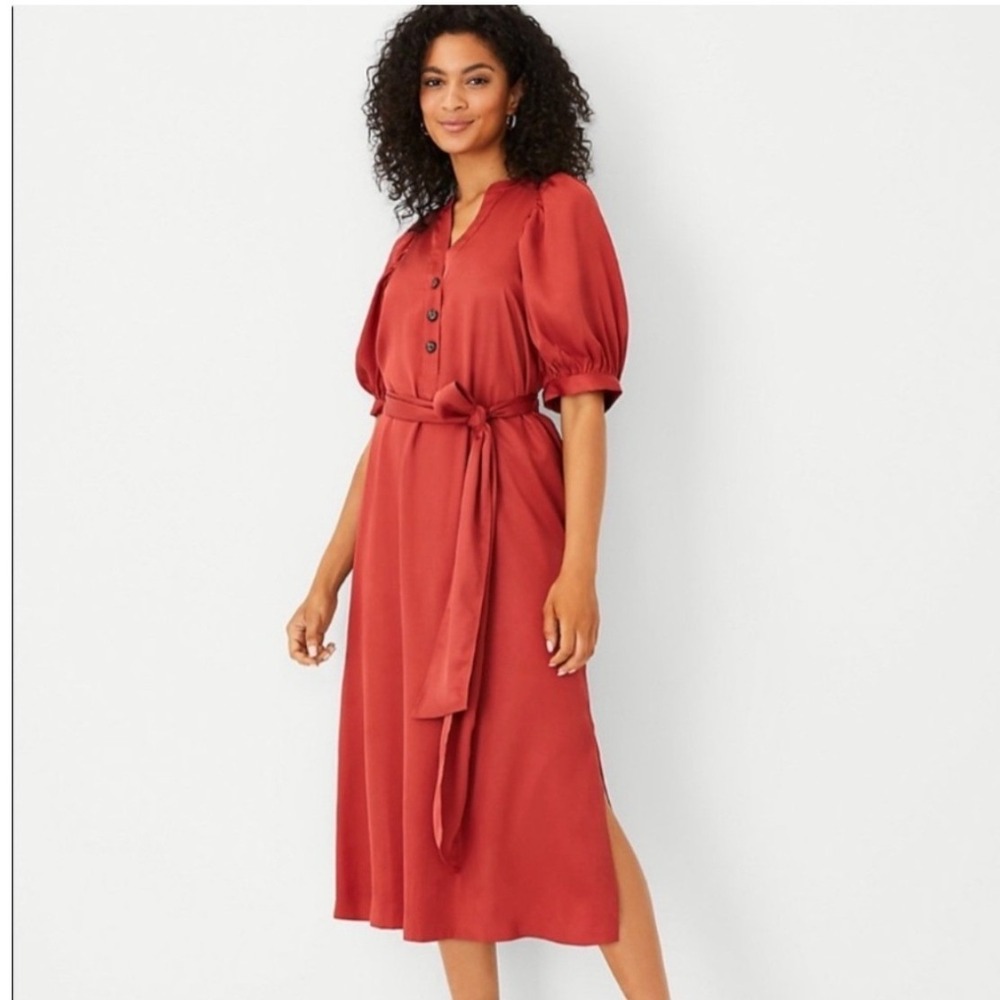 Ann Taylor Petite Satin Puff Sleeve Midi Dress Rust Orange Tie Waist Sz XXSP